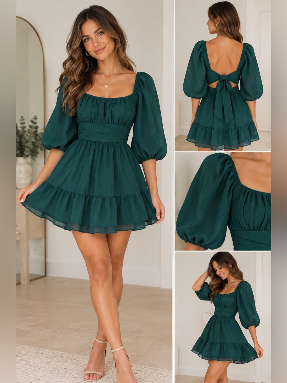 EXLURA Emerald Green Puff Sleeve Tie Back Mini Dress Size Small